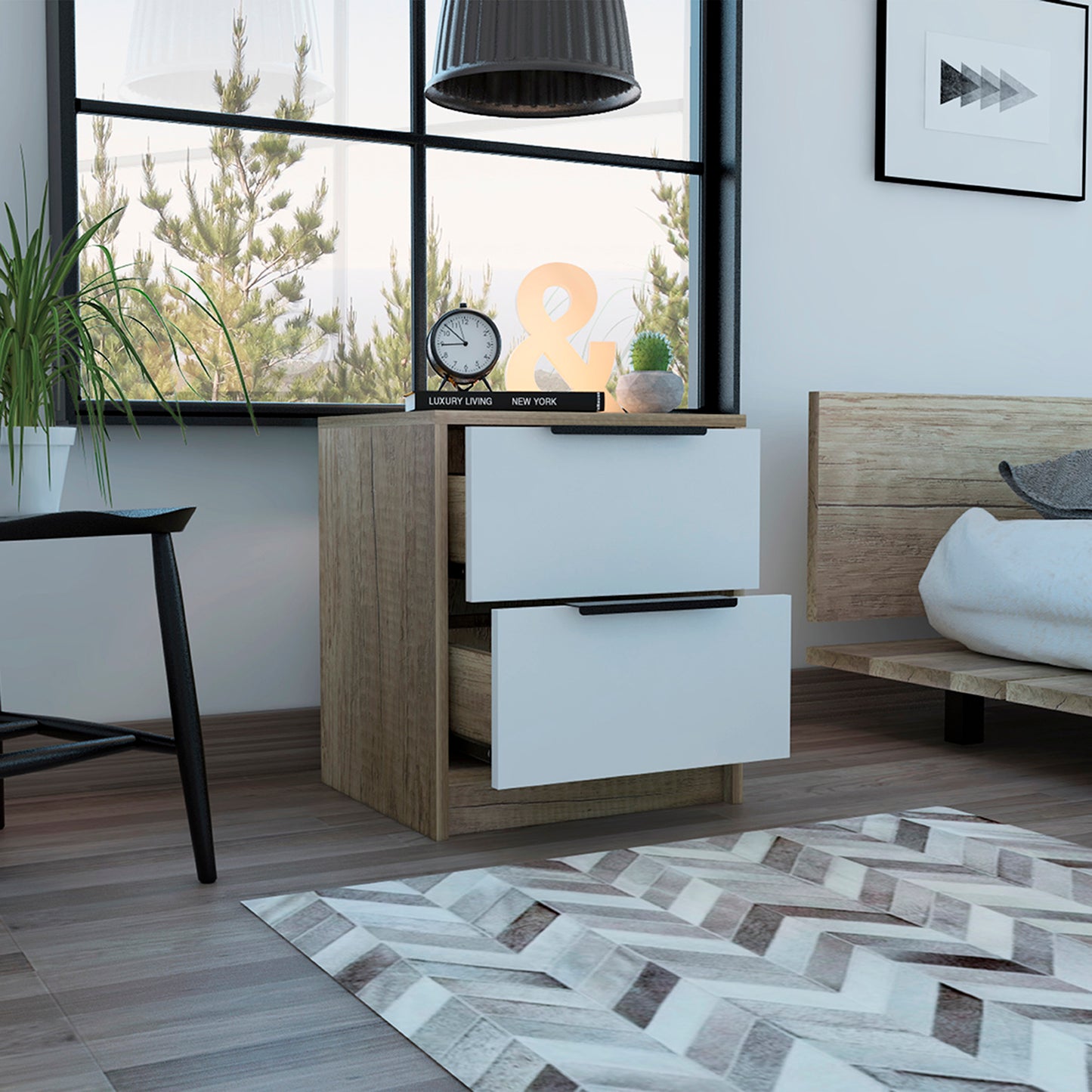 Modern wood and white twodrawer nightstand with sleek black handles