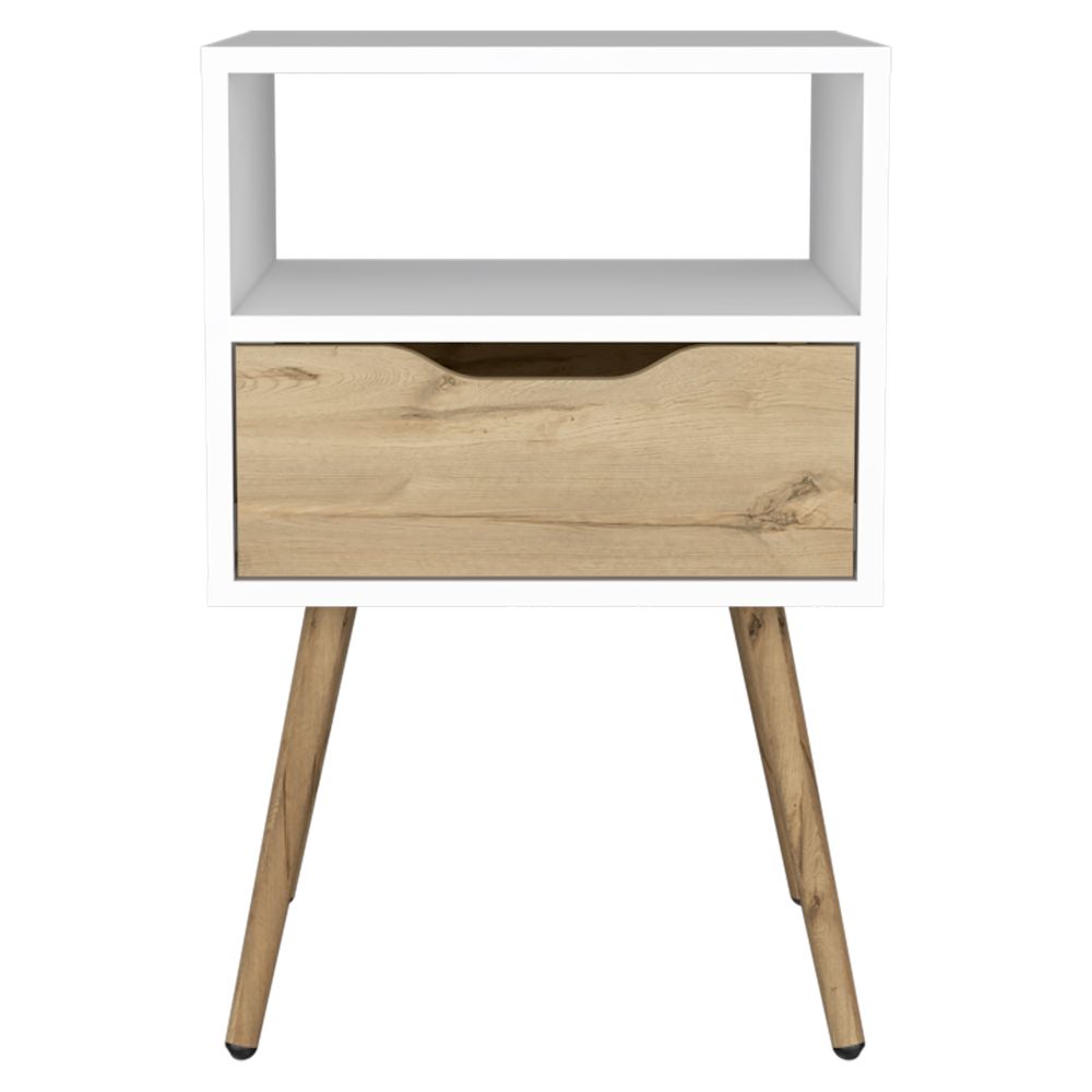 White modern bedside table with natural wood drawer and tapered legs