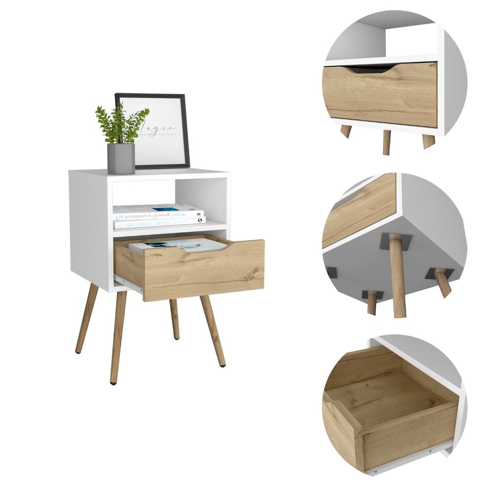 White modern end table with one drawer and open shelf featuring tapered wooden legs