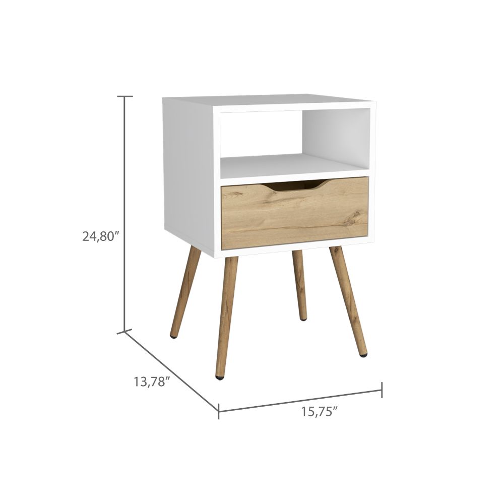 White and wood tone nightstand with one drawer and open shelf