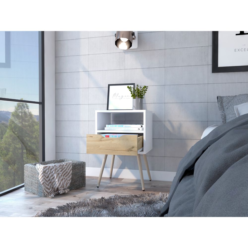 Modern white nightstand with wood drawer and angled legs