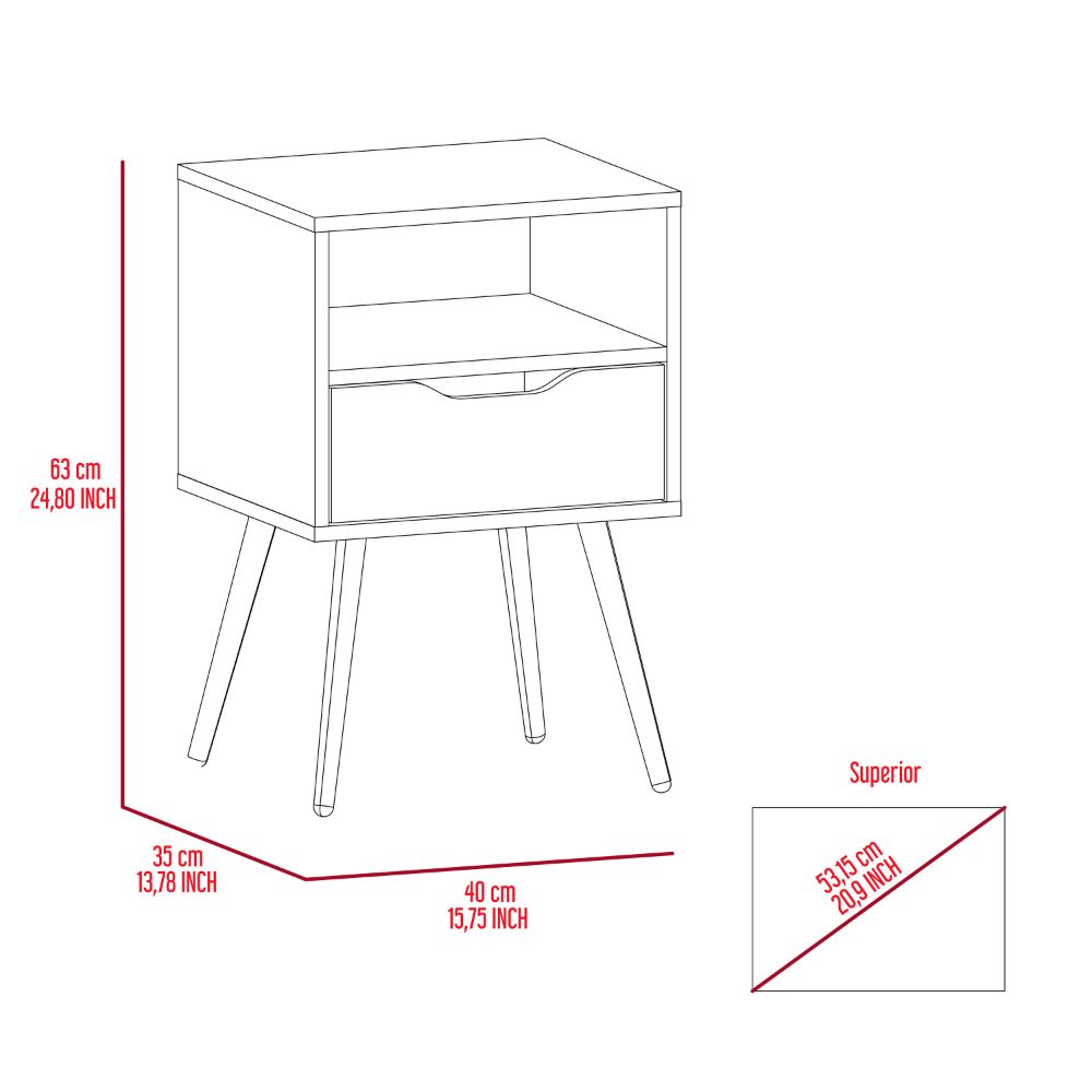 Line drawing of a modern bedside table with a drawer and shelf featuring tapered legs