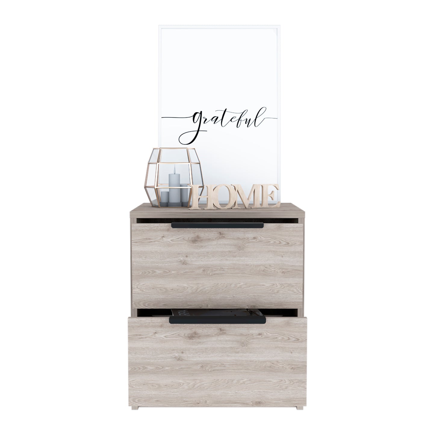 Light oak wood bedside table with black handle and decorative items