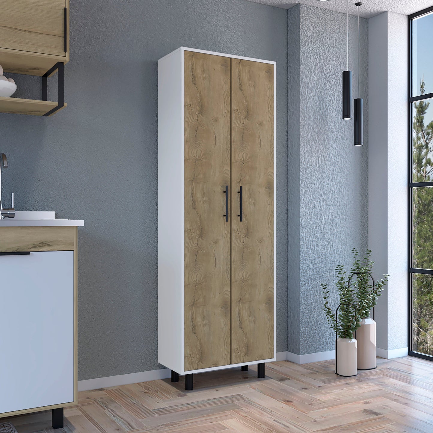 Tall white storage cabinet with wood grain doors and black handles