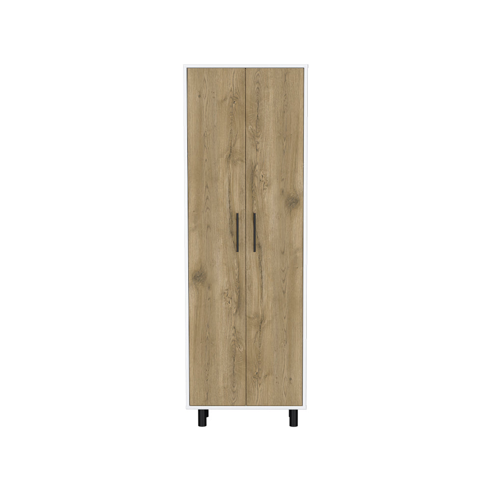 Tall doubledoor cabinet with wood grain finish and black handles for storage