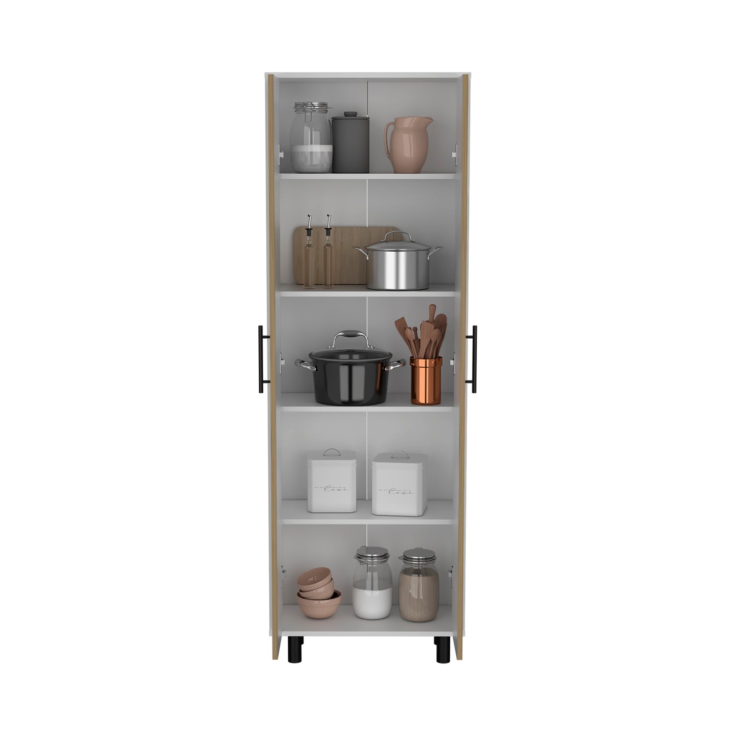 Tall white kitchen pantry with light wood trim containing canisters and cookware