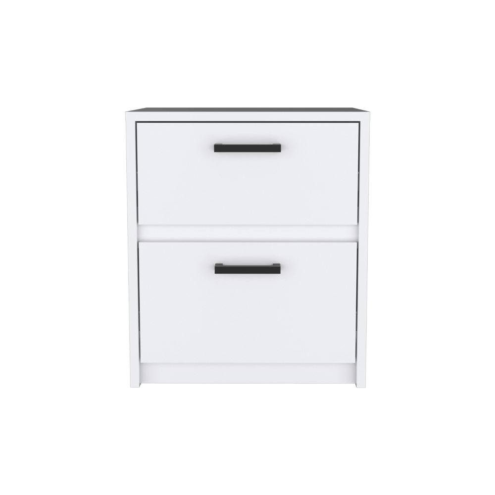 Modern white twodrawer nightstand with black bar pulls for bedroom storage