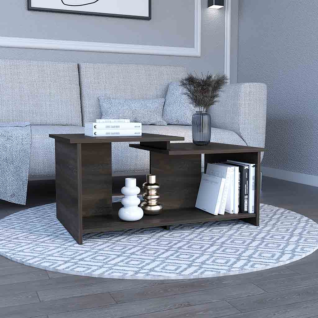 Modern dark wood lifttop coffee table with storage shelves