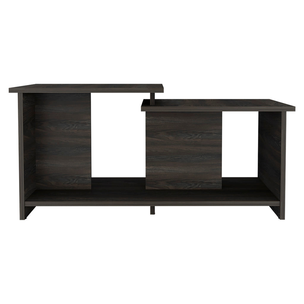 Dark wood modern TV stand with open shelving and asymmetrical design