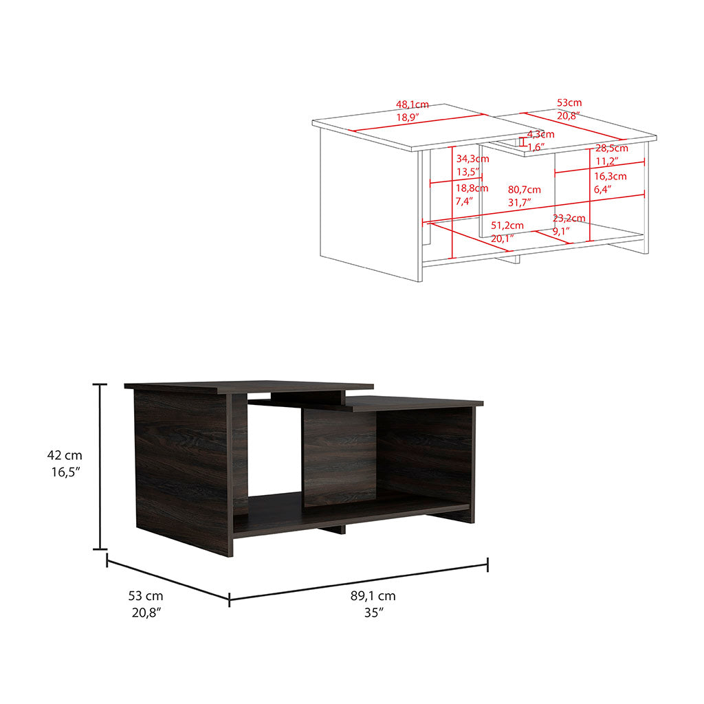 Dark wood modern coffee table with open shelving and Lshaped top