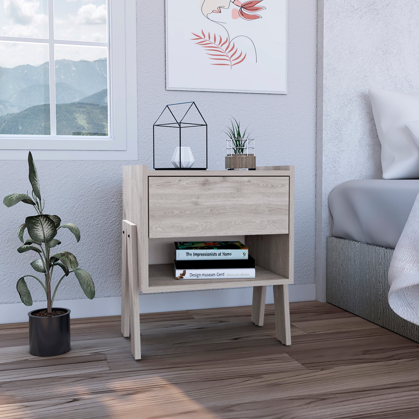 Light oak veneer bedside table with one drawer and open shelf