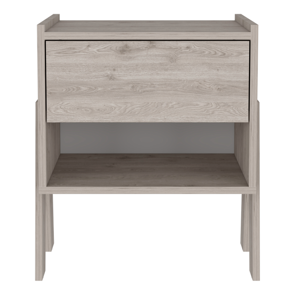 Modern grey wood bedside table with a single drawer and open shelf
