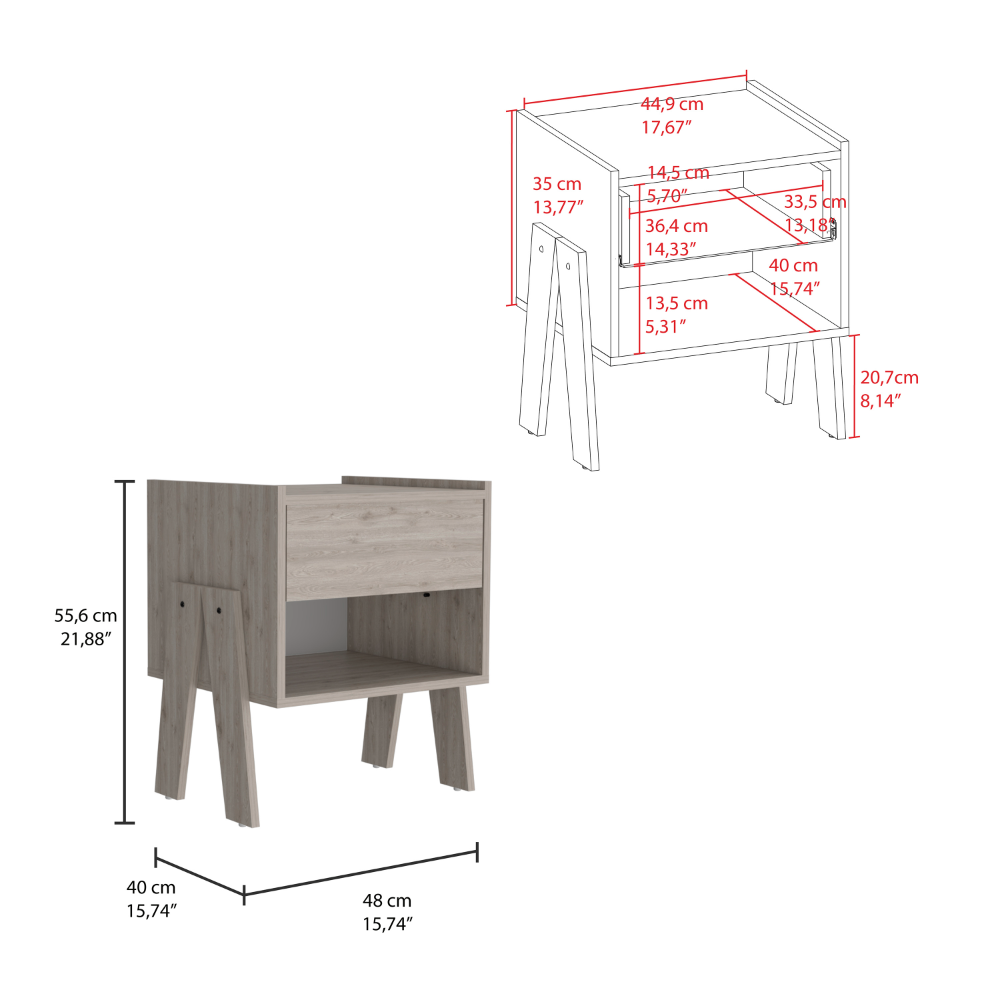 Modern nightstand with one drawer and open shelf light wood finish