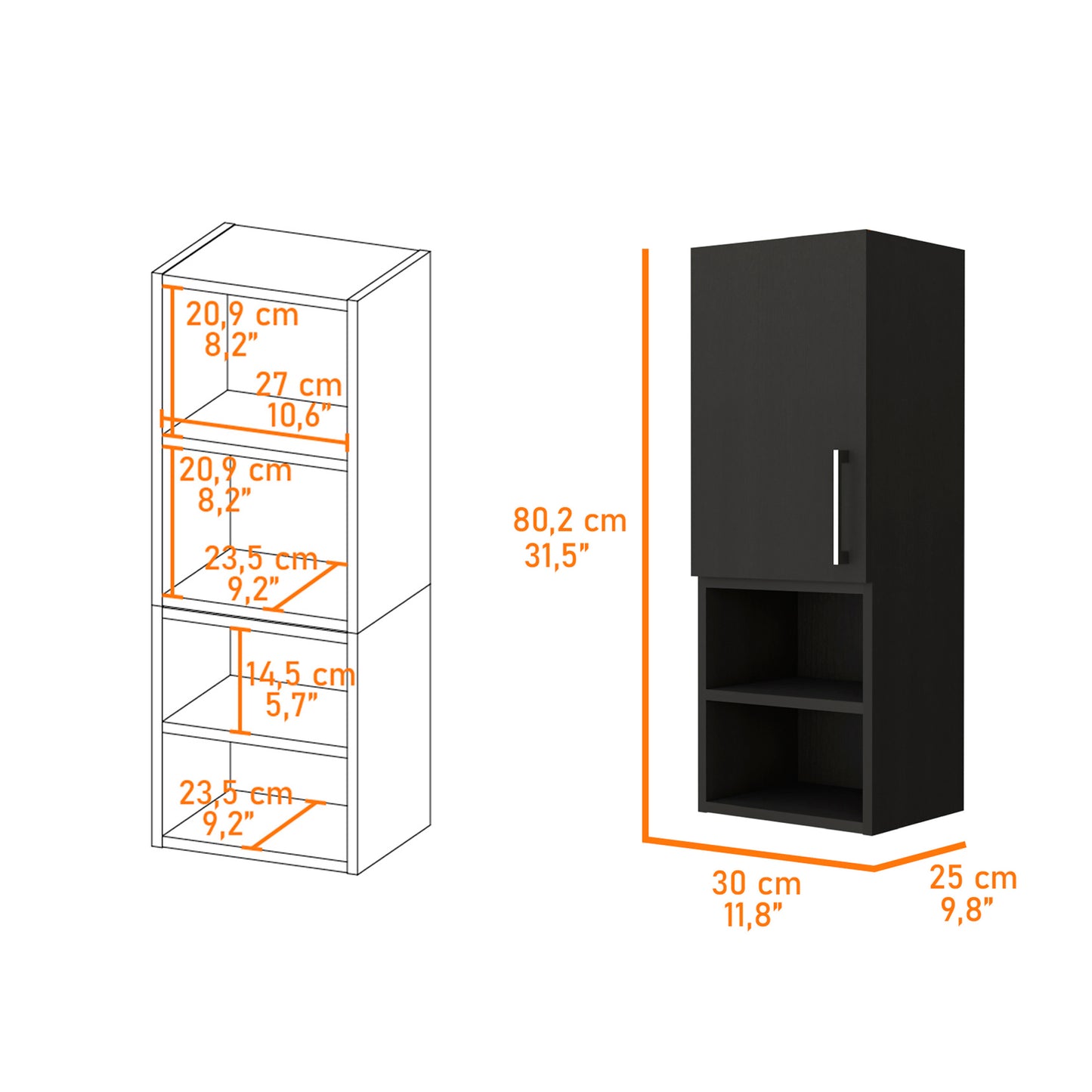 Modern black wall cabinet with a single door and two open shelves ideal for small spaces