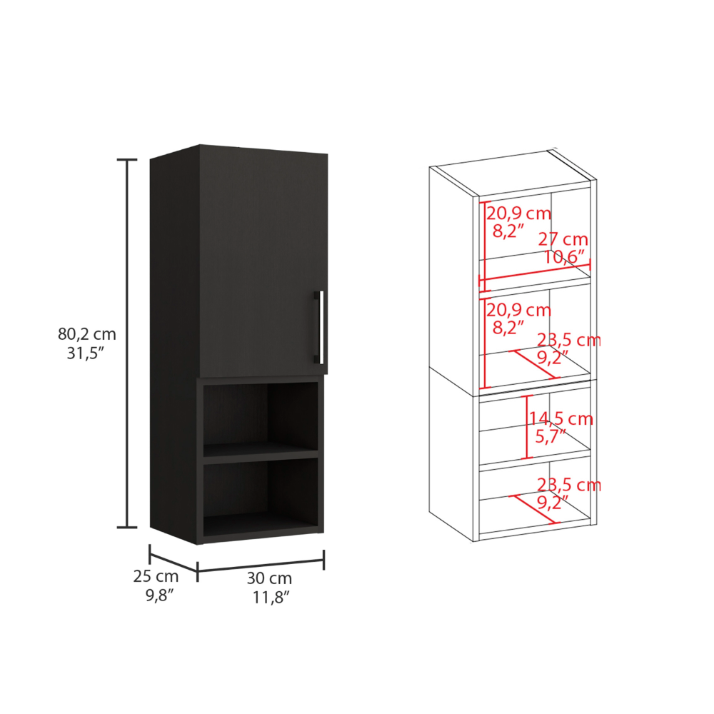 Black wallmounted cabinet with one door and two open shelves below cm height