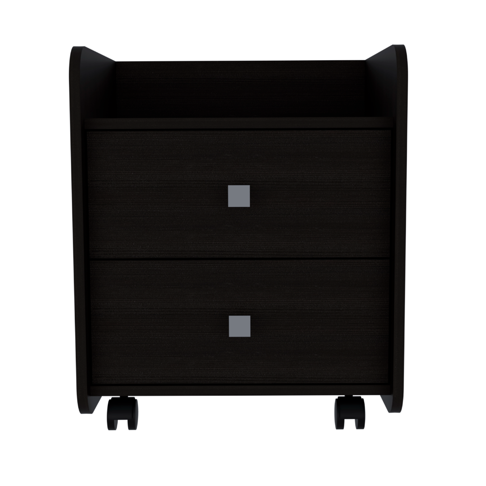 Dark brown wooden twodrawer bedside table with silver square handles and wheels