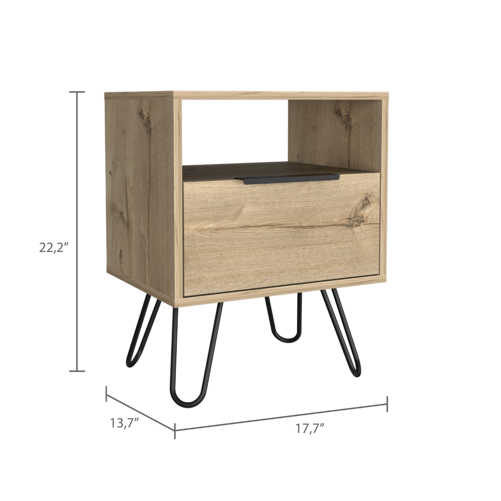 Wooden nightstand with one drawer and open shelf on black hairpin legs