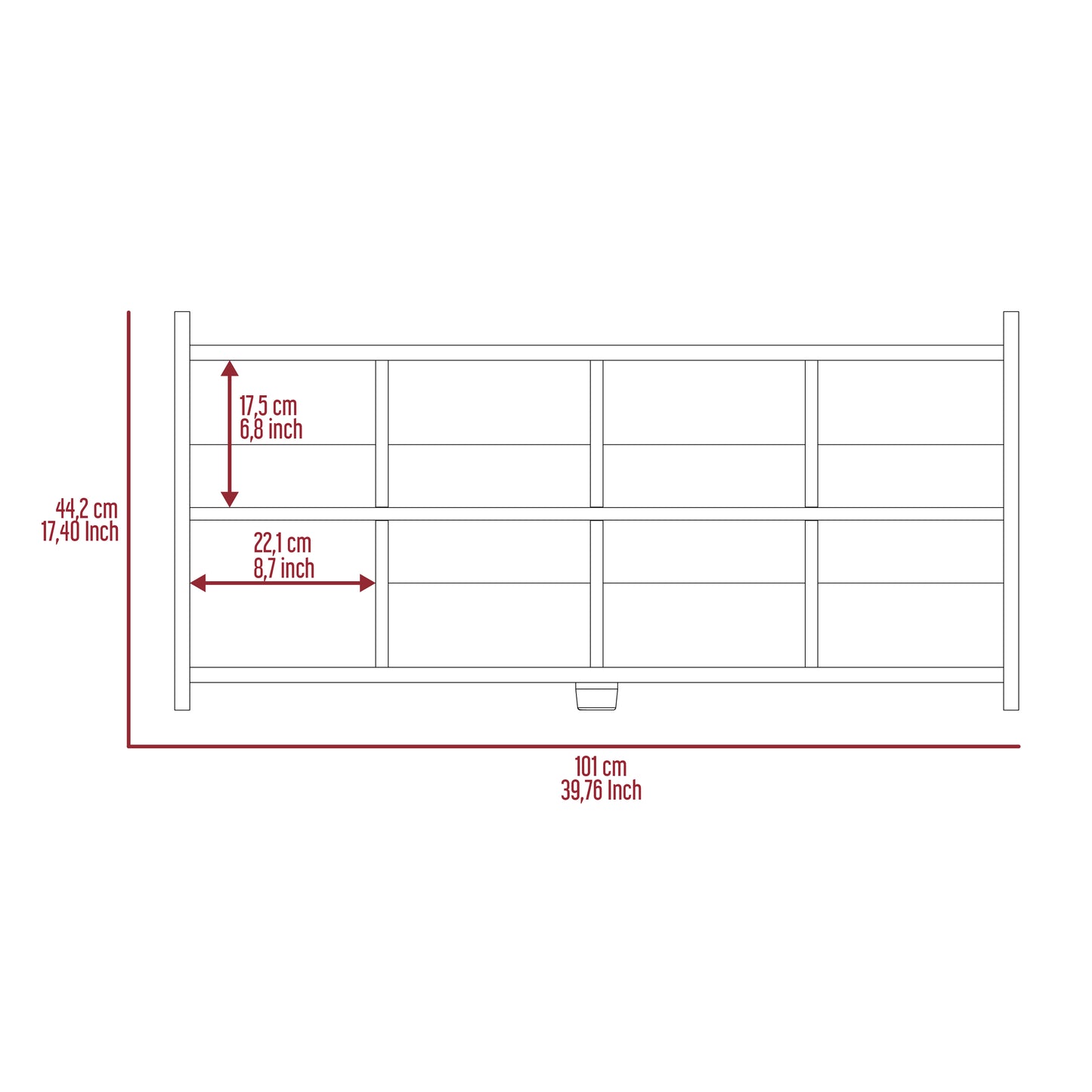 Diagram of a white twotier shelf unit with dimensions cm length cm height
