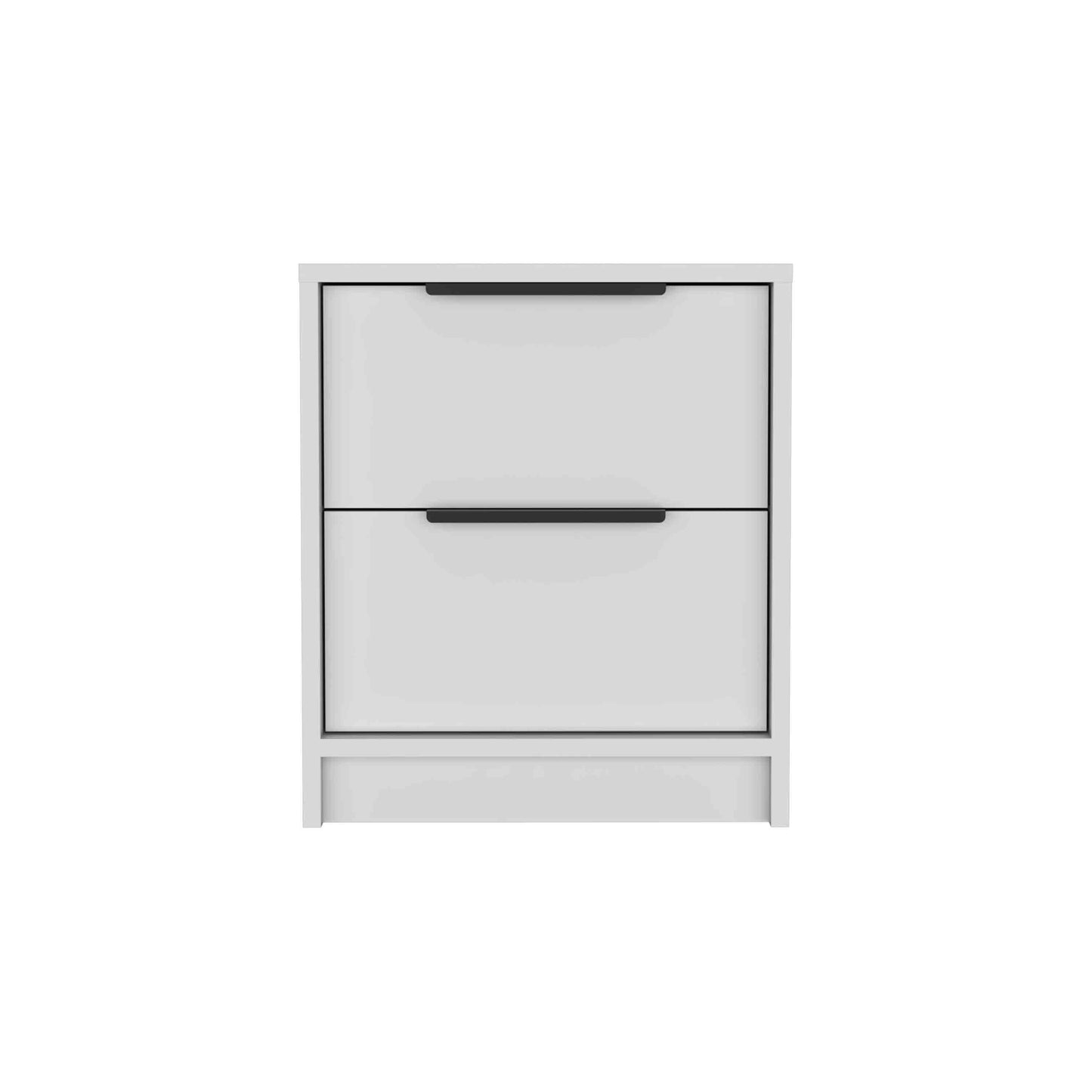 Modern white twodrawer nightstand with black handle hardware