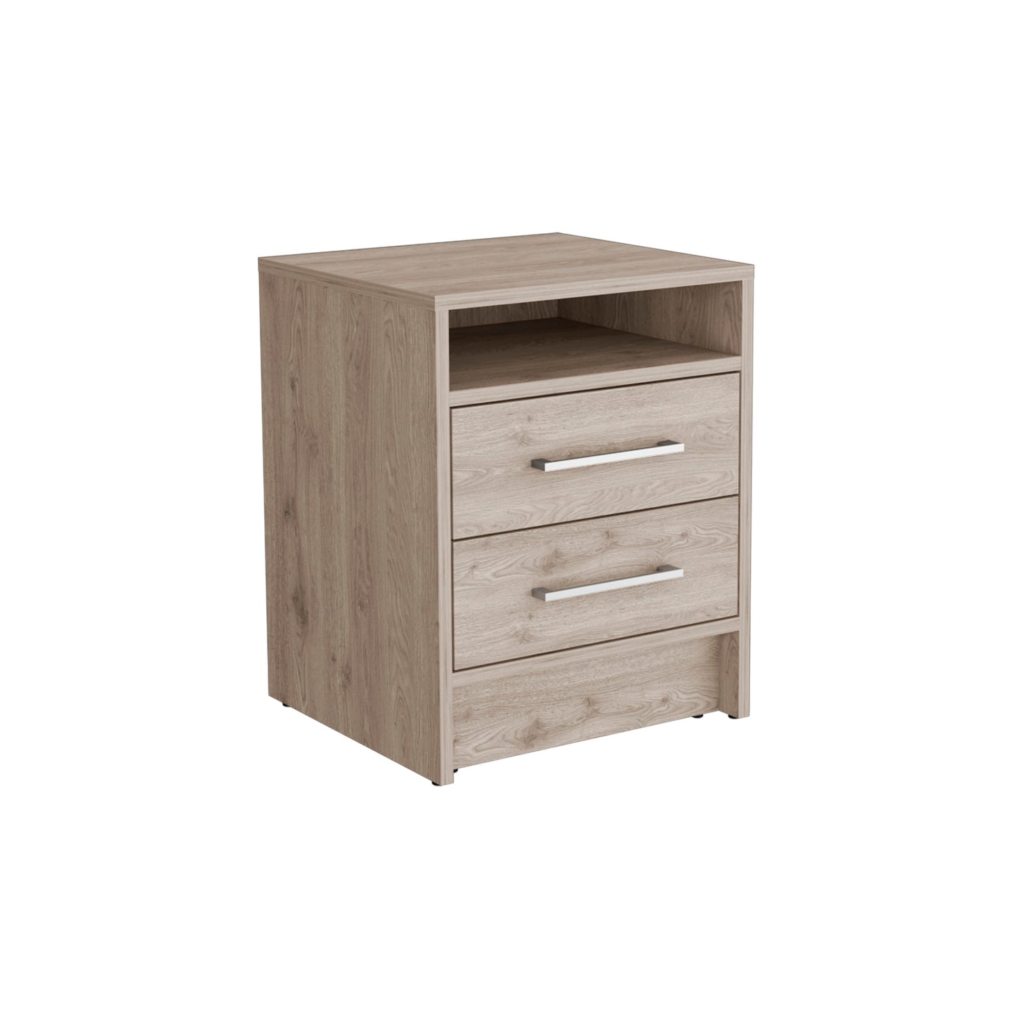 Light oak wood finish bedside table with two drawers and an open shelf