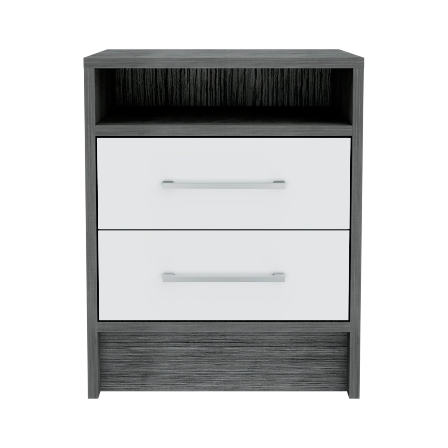 Modern grey and white twodrawer nightstand with silver handles