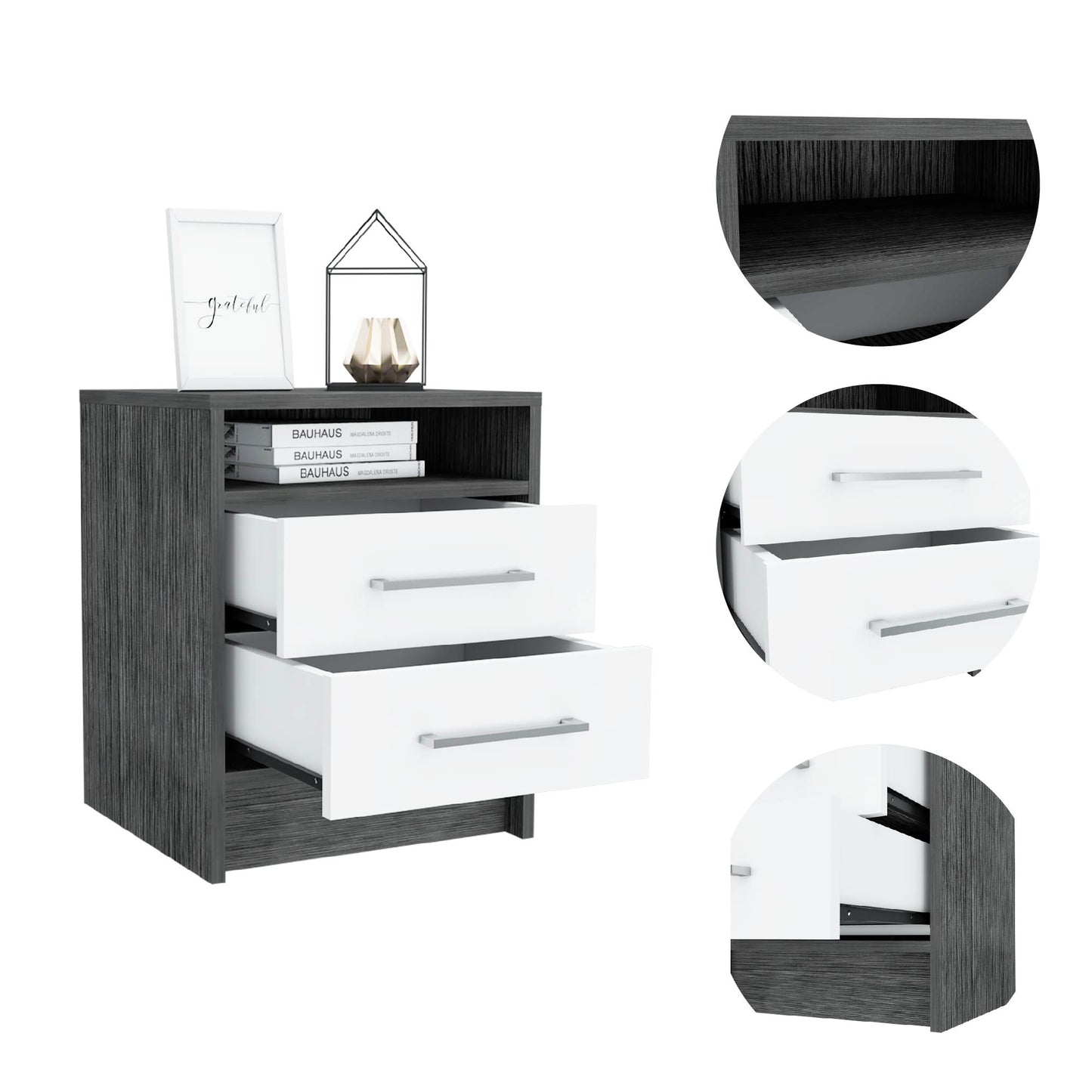 Modern grey and white nightstand with two drawers and open shelf perfect for bedroom storage