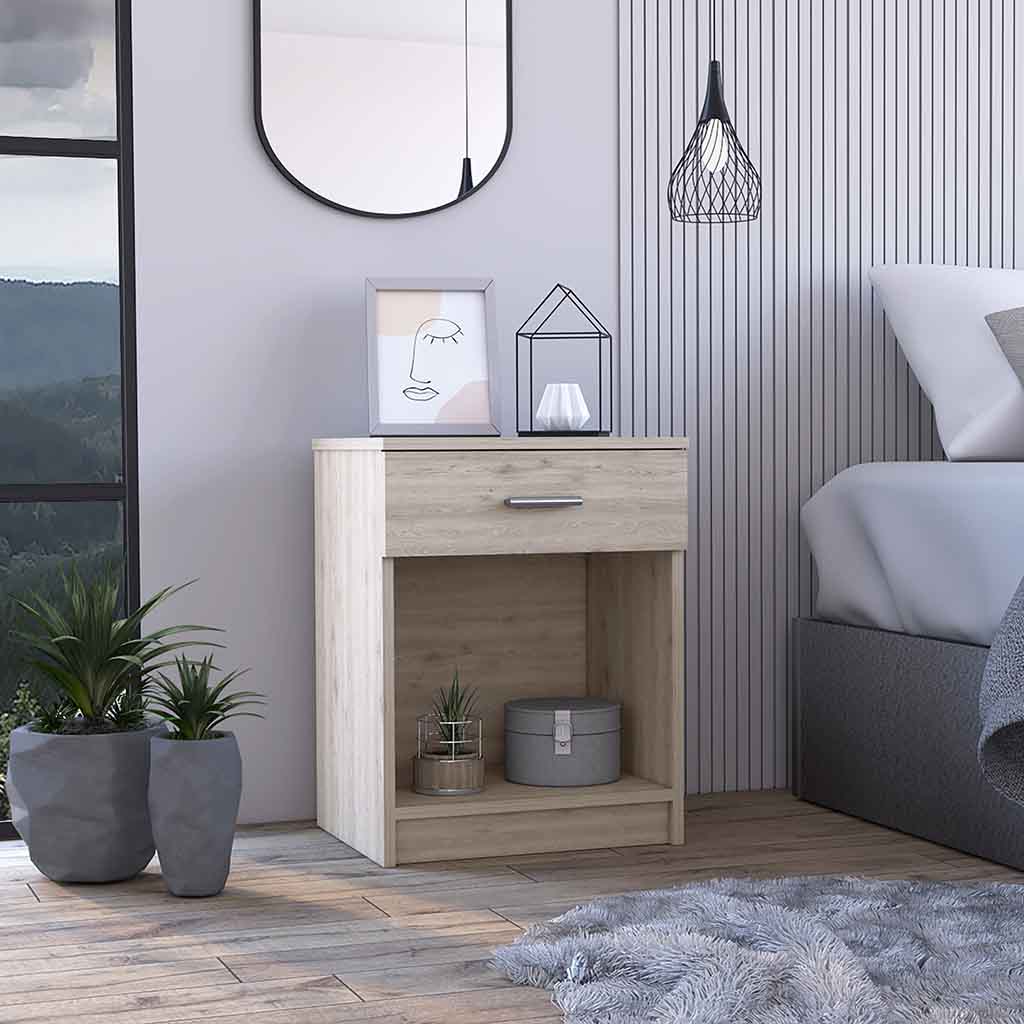 Light wood bedside table with one drawer and open shelf
