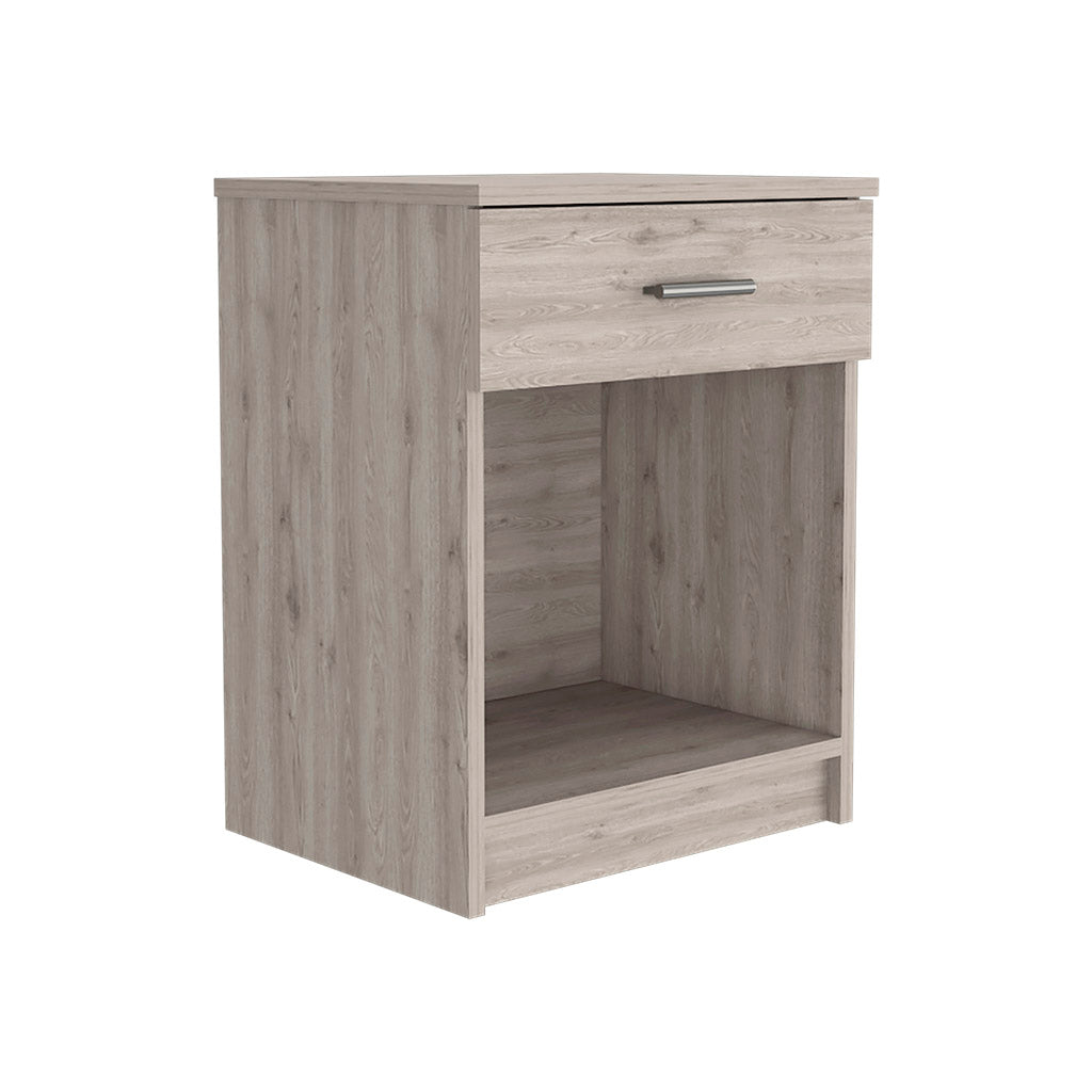 Light oak effect bedside table with one drawer and open shelf storage