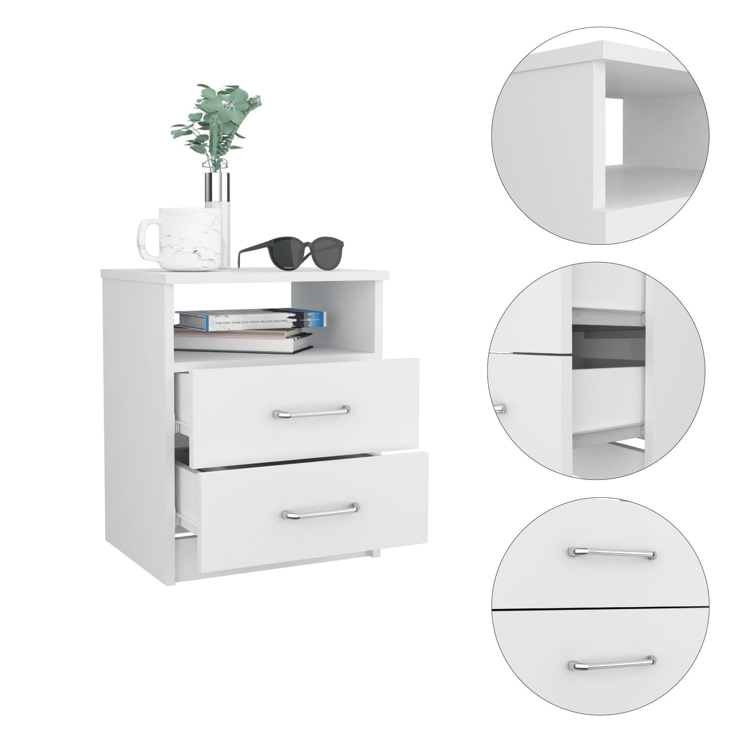 Modern white nightstand with two drawers and open shelf
