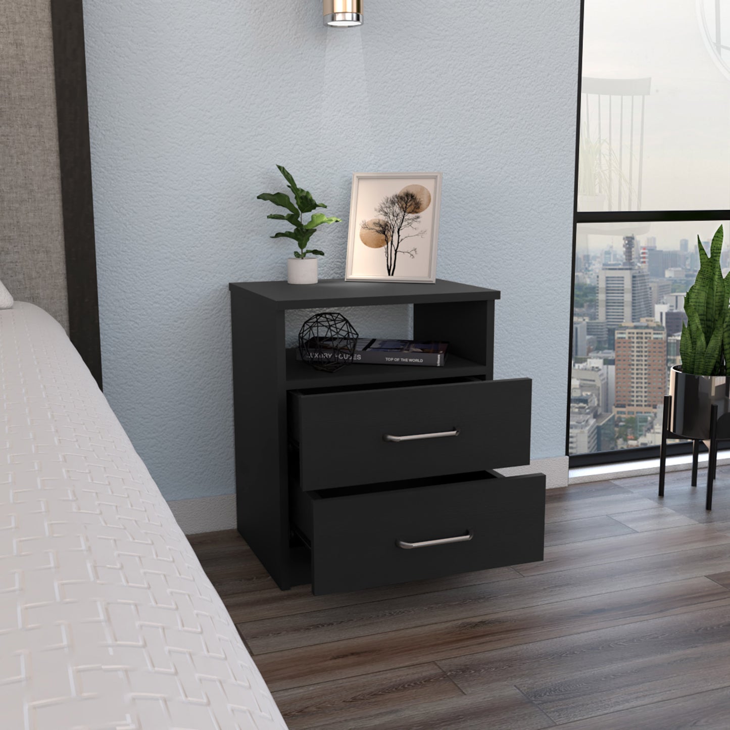 Modern black nightstand with two drawers and silver handles perfect for bedroom storage