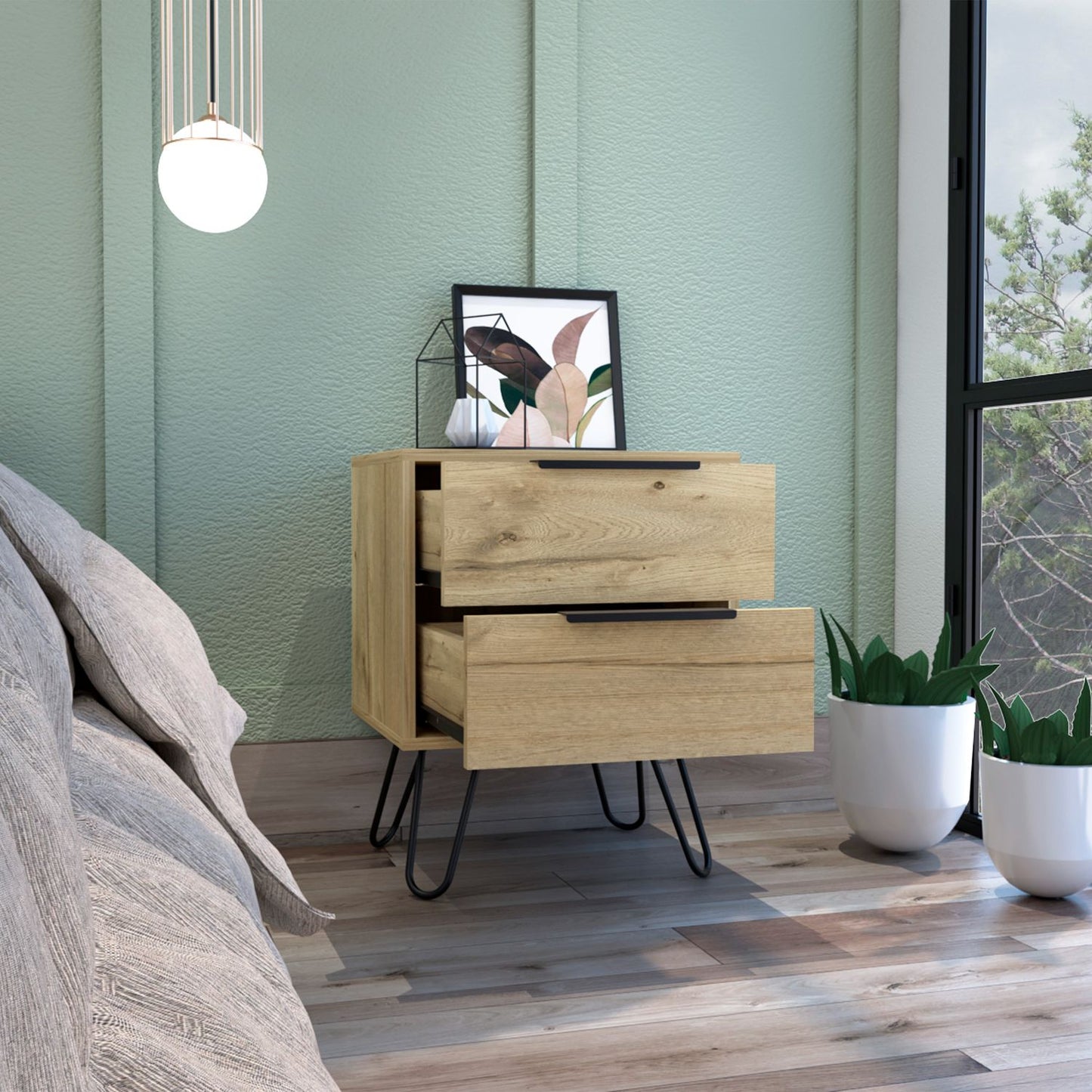 Modern wooden nightstand with two drawers and black hairpin legs complementing bedroom decor
