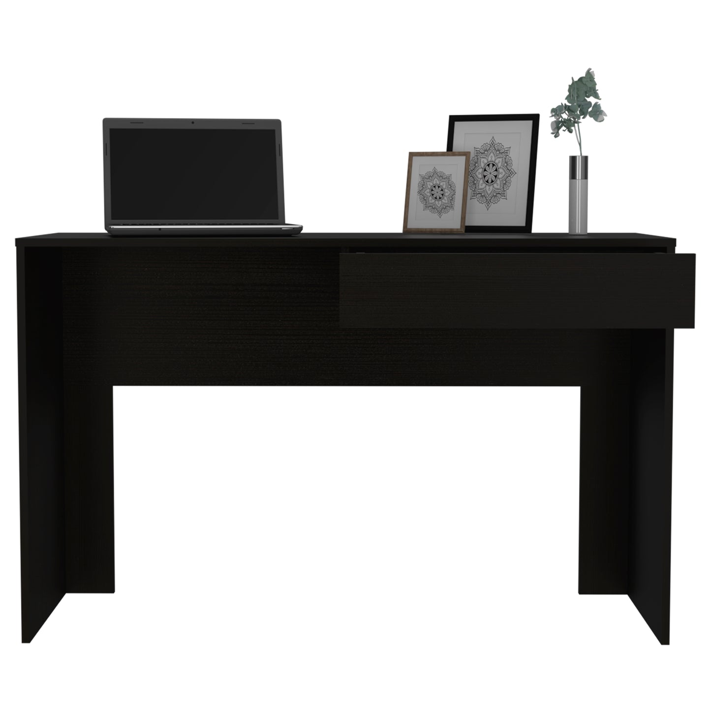 Sleek black writing desk with open drawer laptop framed art and vase