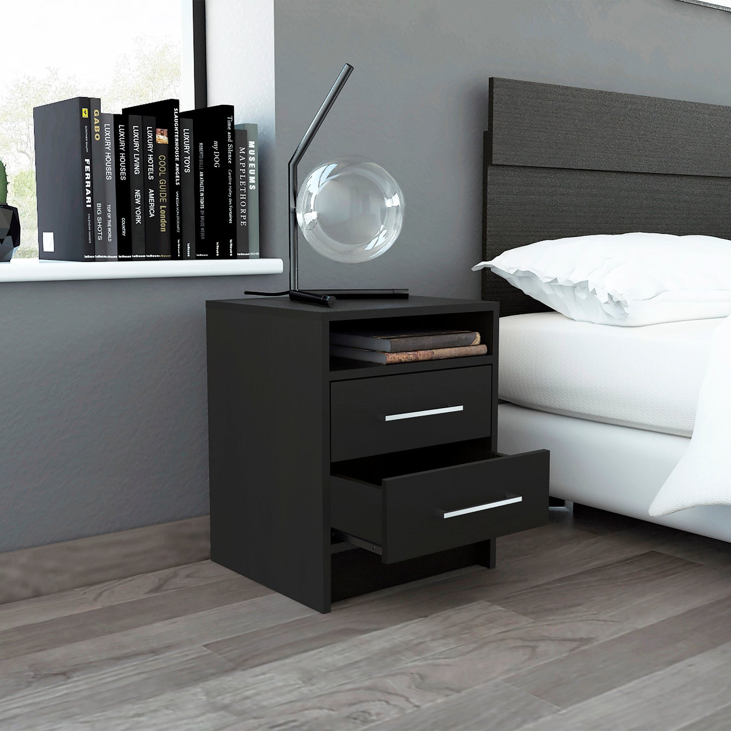Sleek black nightstand with two drawers and an open shelf modern bedroom furniture