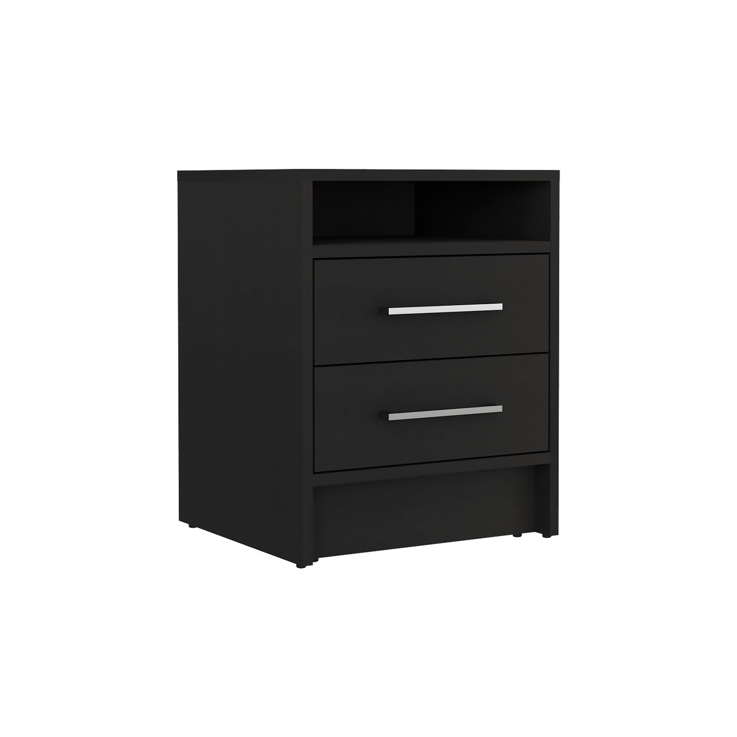 Modern black nightstand with two drawers and open shelf