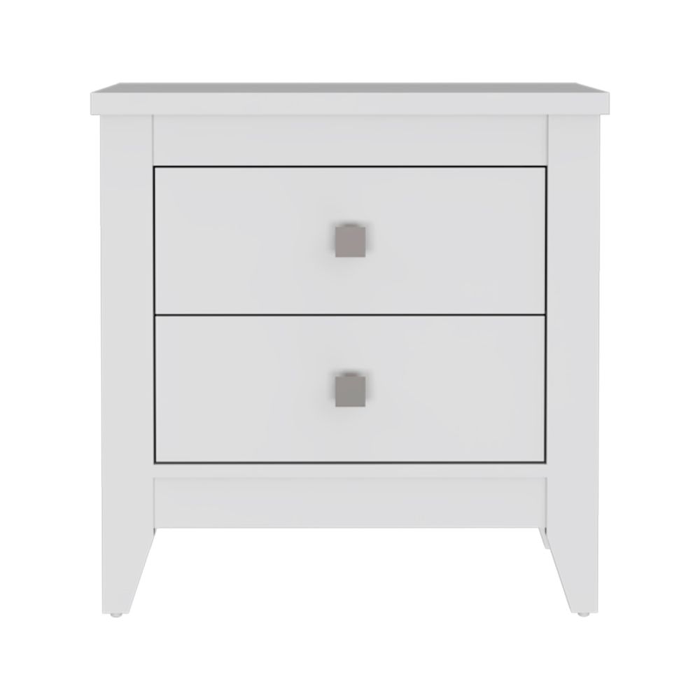 Modern white twodrawer nightstand with silver square knobs perfect for bedroom storage