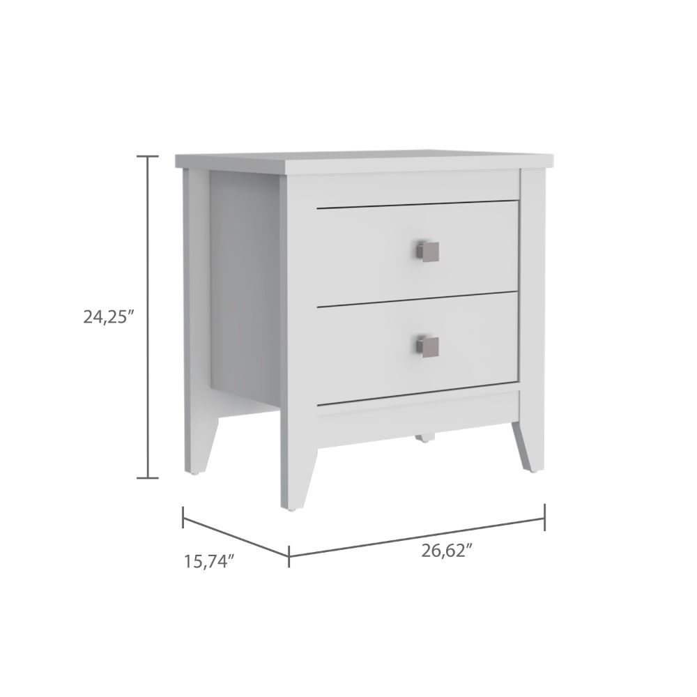White twodrawer nightstand with silver square knobs and angled legs