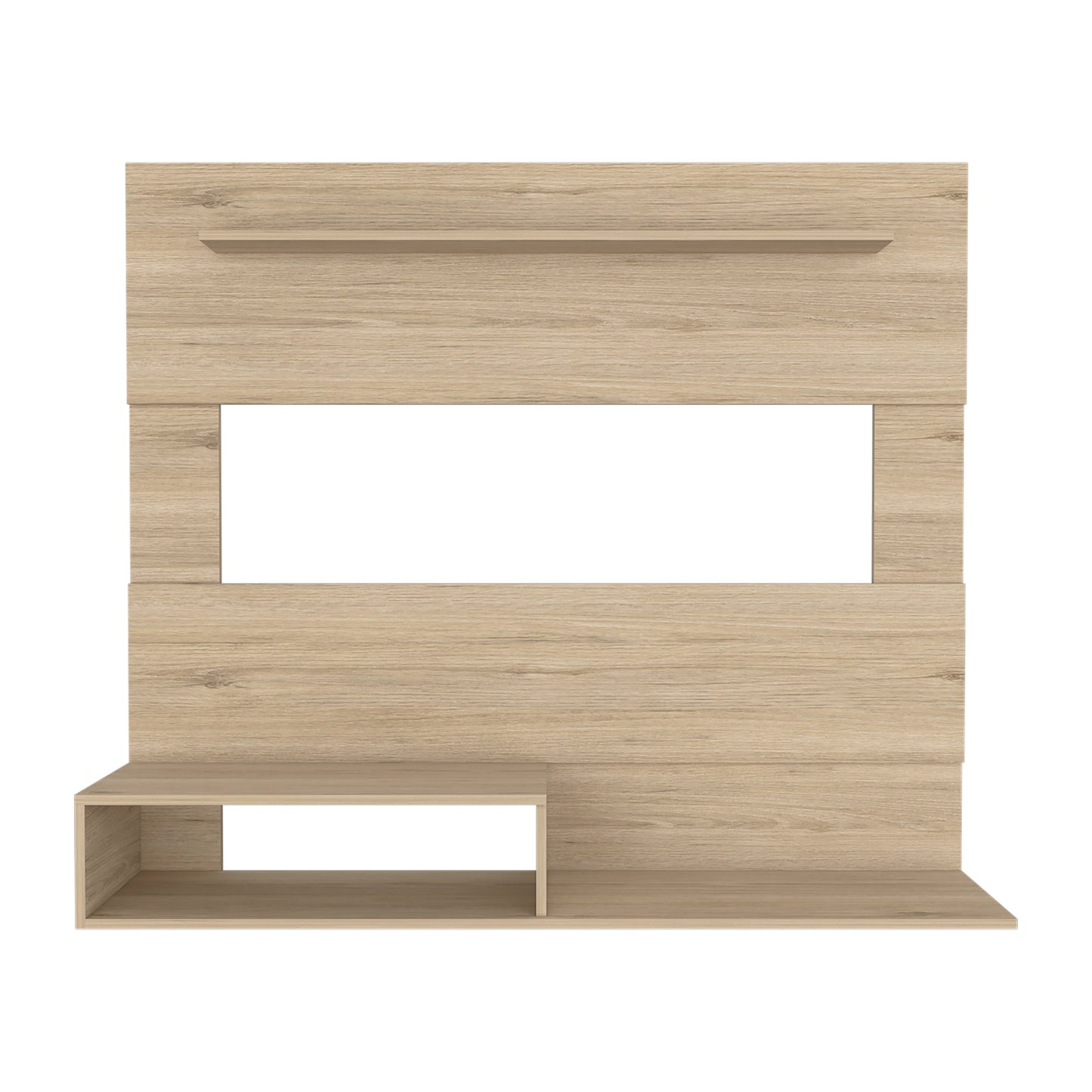 Modern light oak wood entertainment center with open shelving and a central display niche