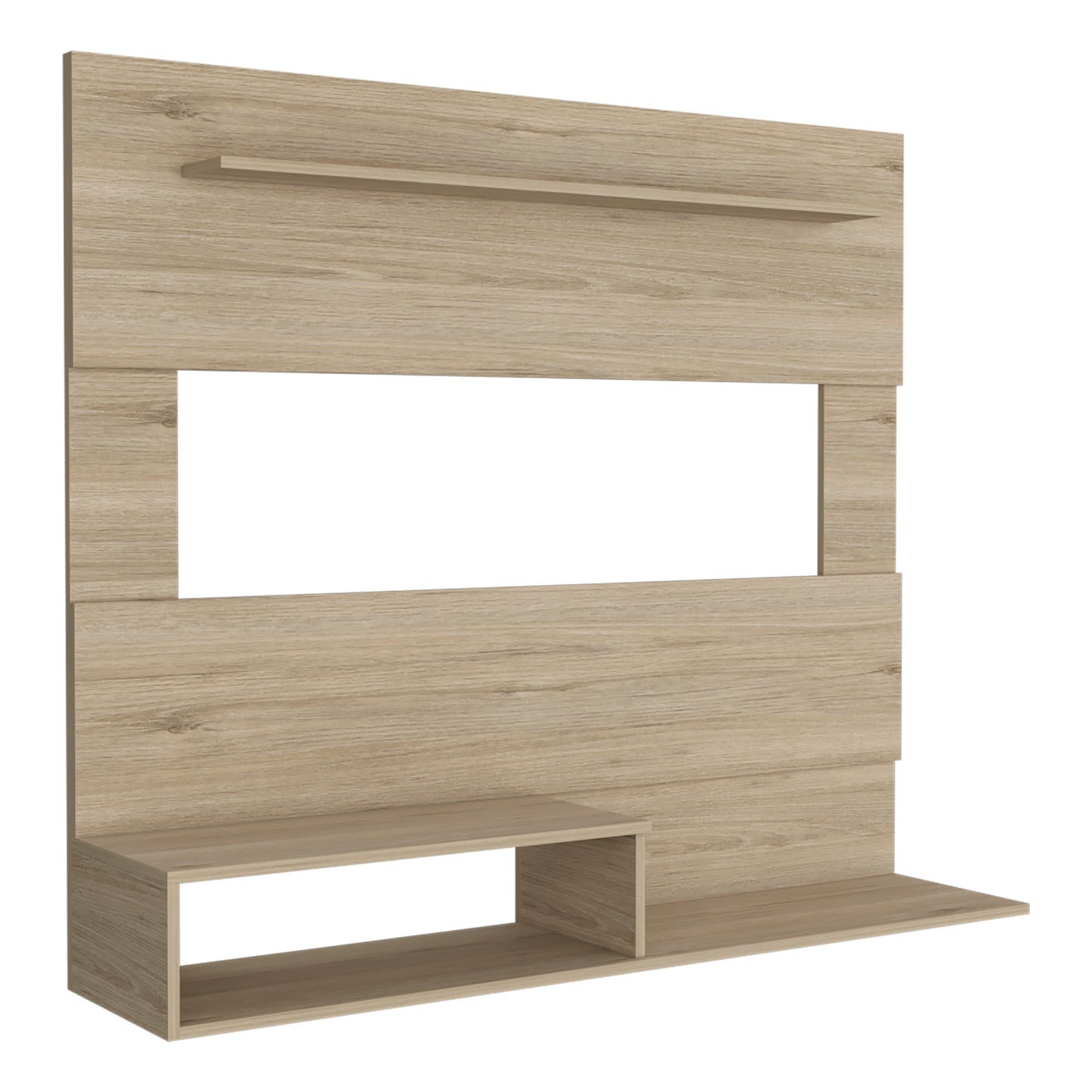 Light oak wood entertainment center with open shelves and a floating shelf