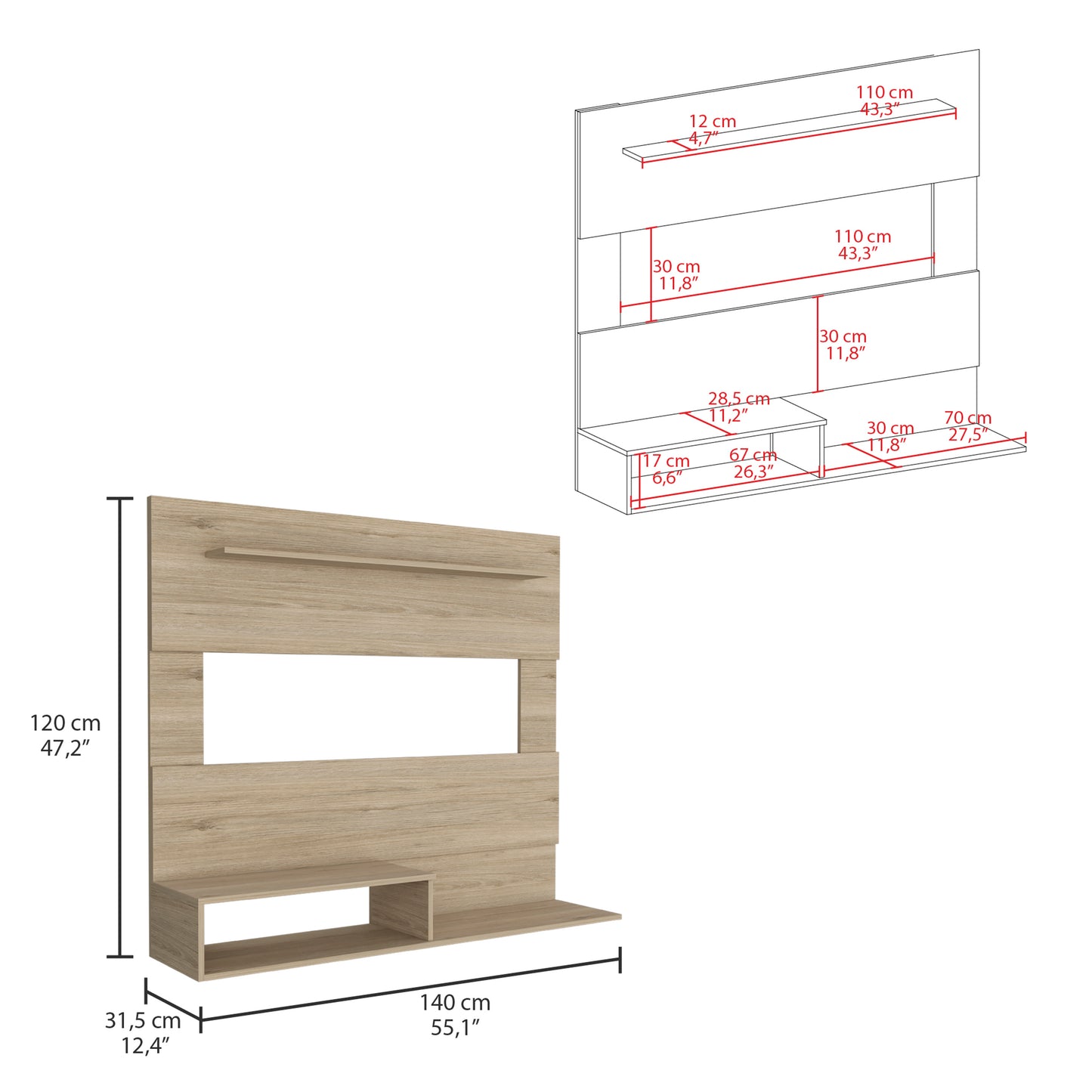 Modern wood veneer TV stand with integrated shelving cm width