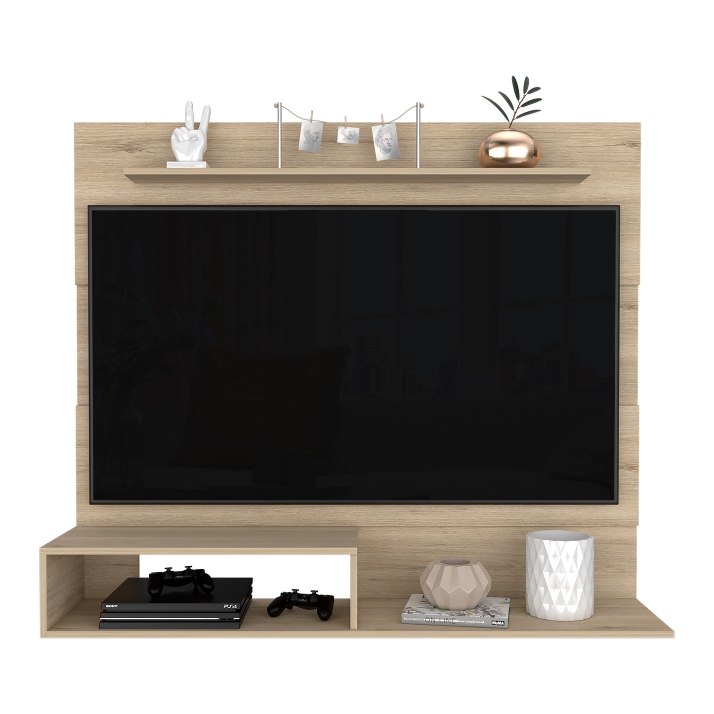 Modern light oak entertainment center with integrated shelf and storage for consoles
