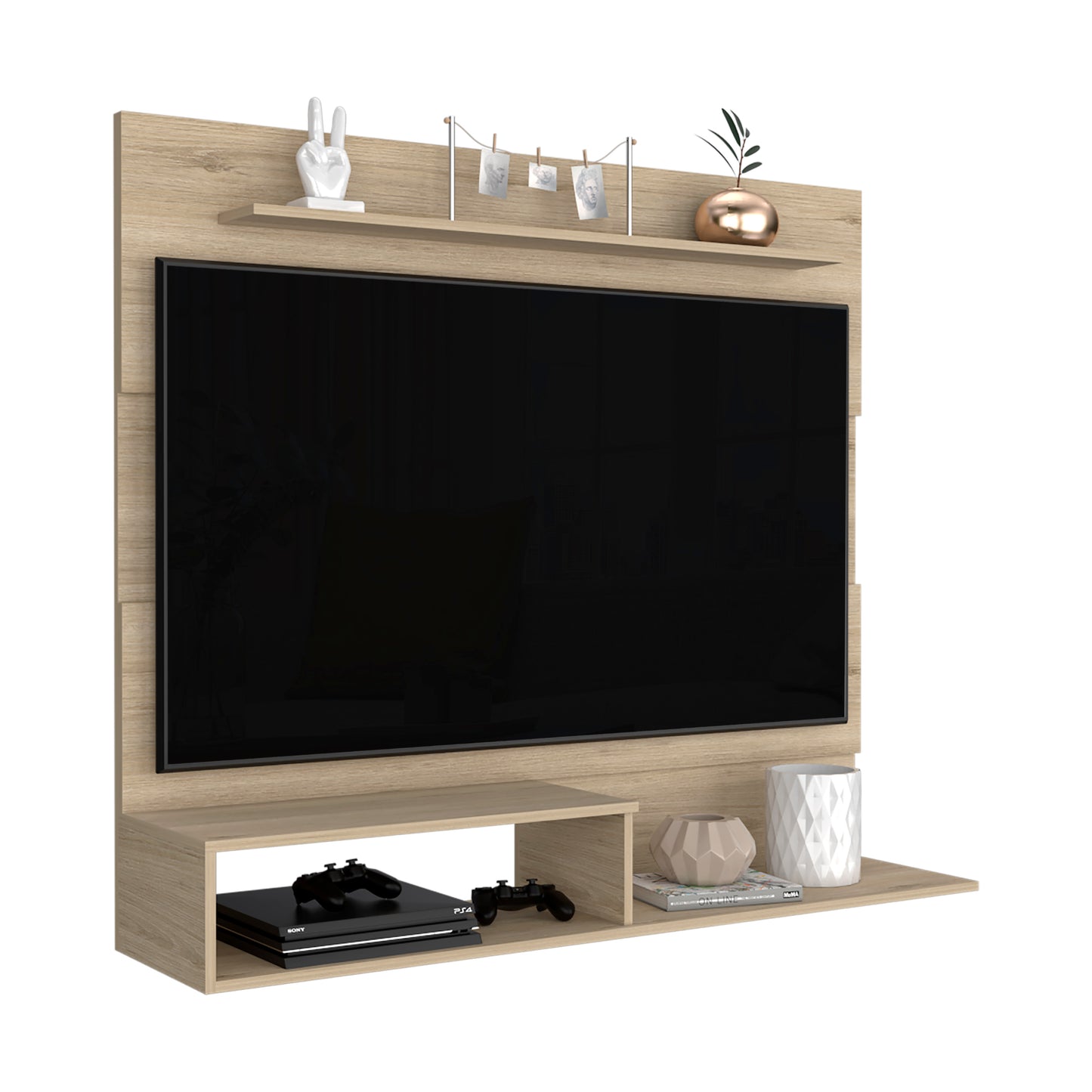 Modern oak veneer TV wall unit with ample shelving for consoles and decor