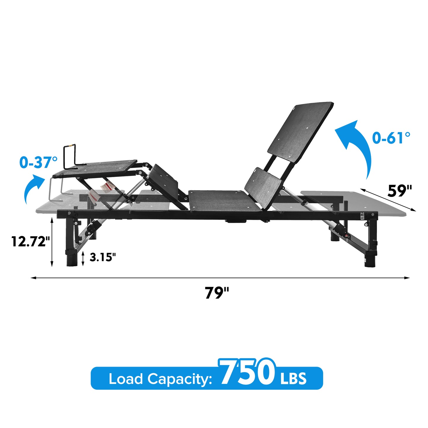 Adjustable bed frame with adjustable head and foot sections