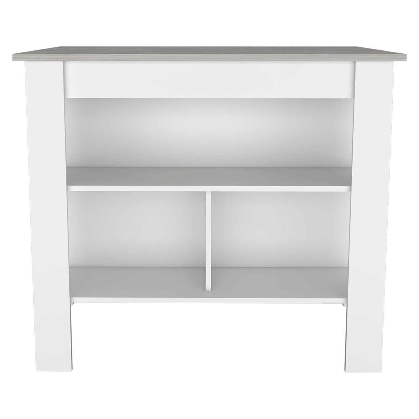 Modern white bookshelf with grey wood top