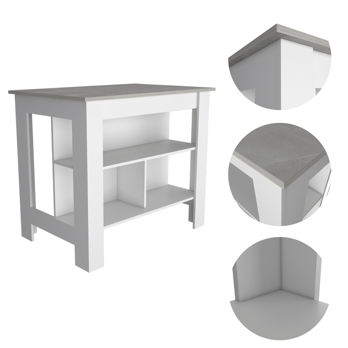 White kitchen island with gray stone effect countertop and open shelving
