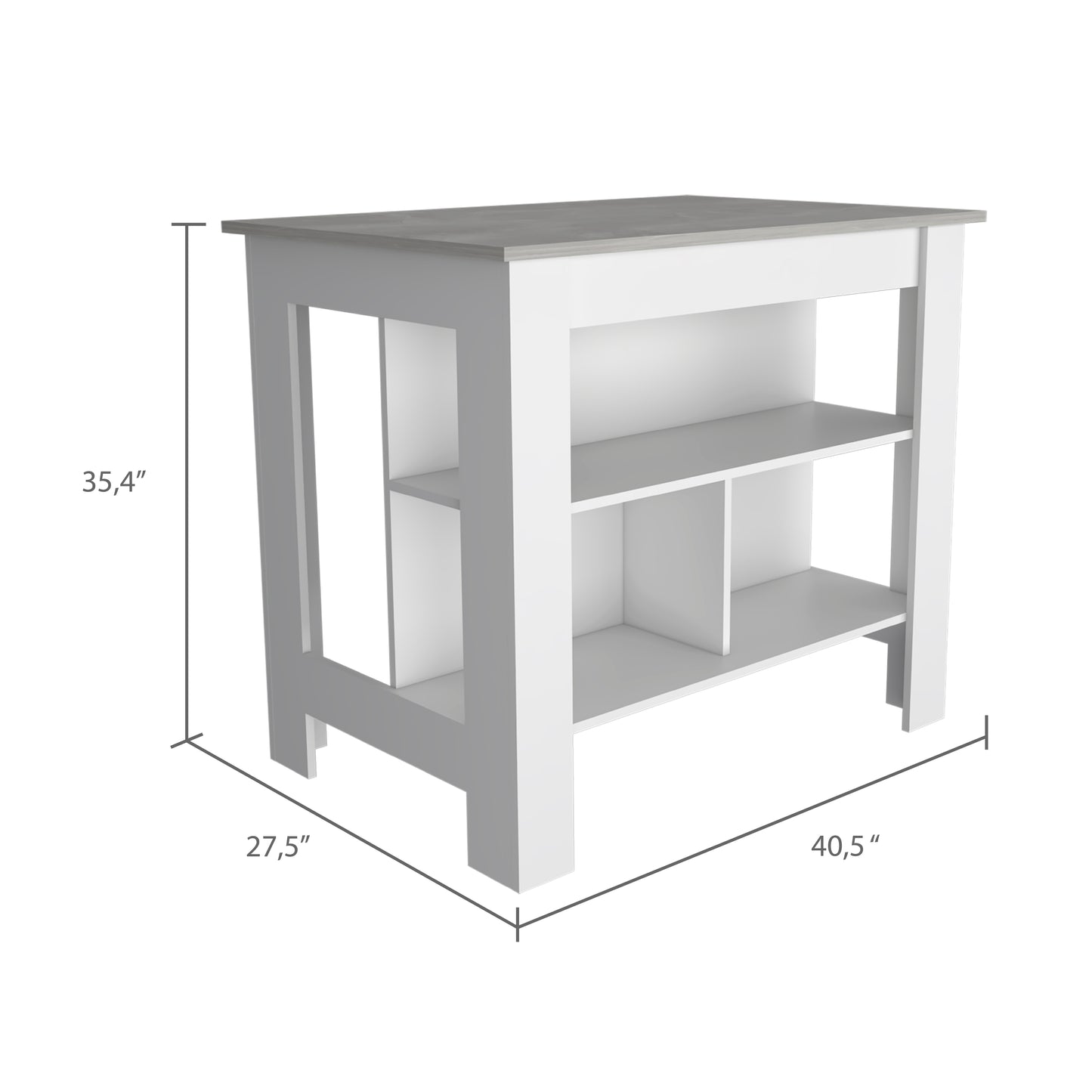 White and grey kitchen island with open shelving and butcher block top