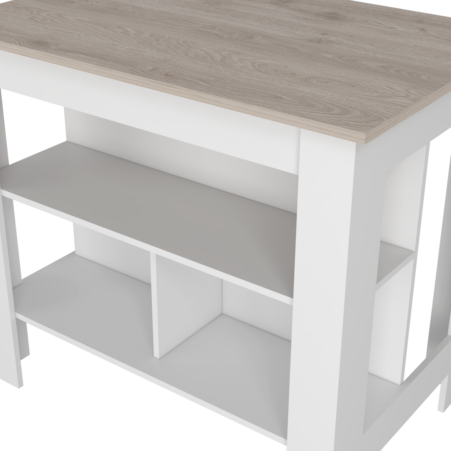 White and oak wood console table with open shelving