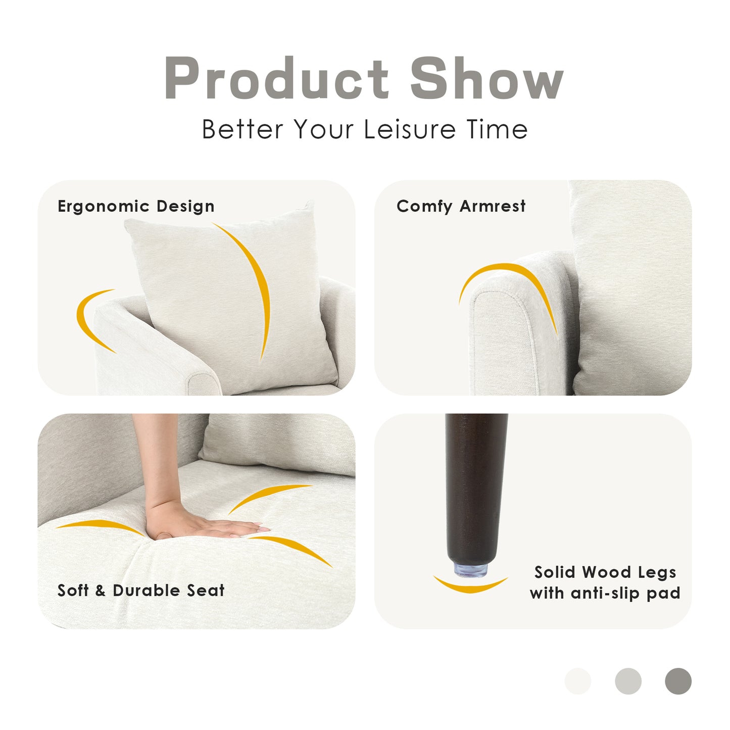 Closeup of an ergonomic armchairs plush cushion featuring a light textured fabric and curved yellow accent lines