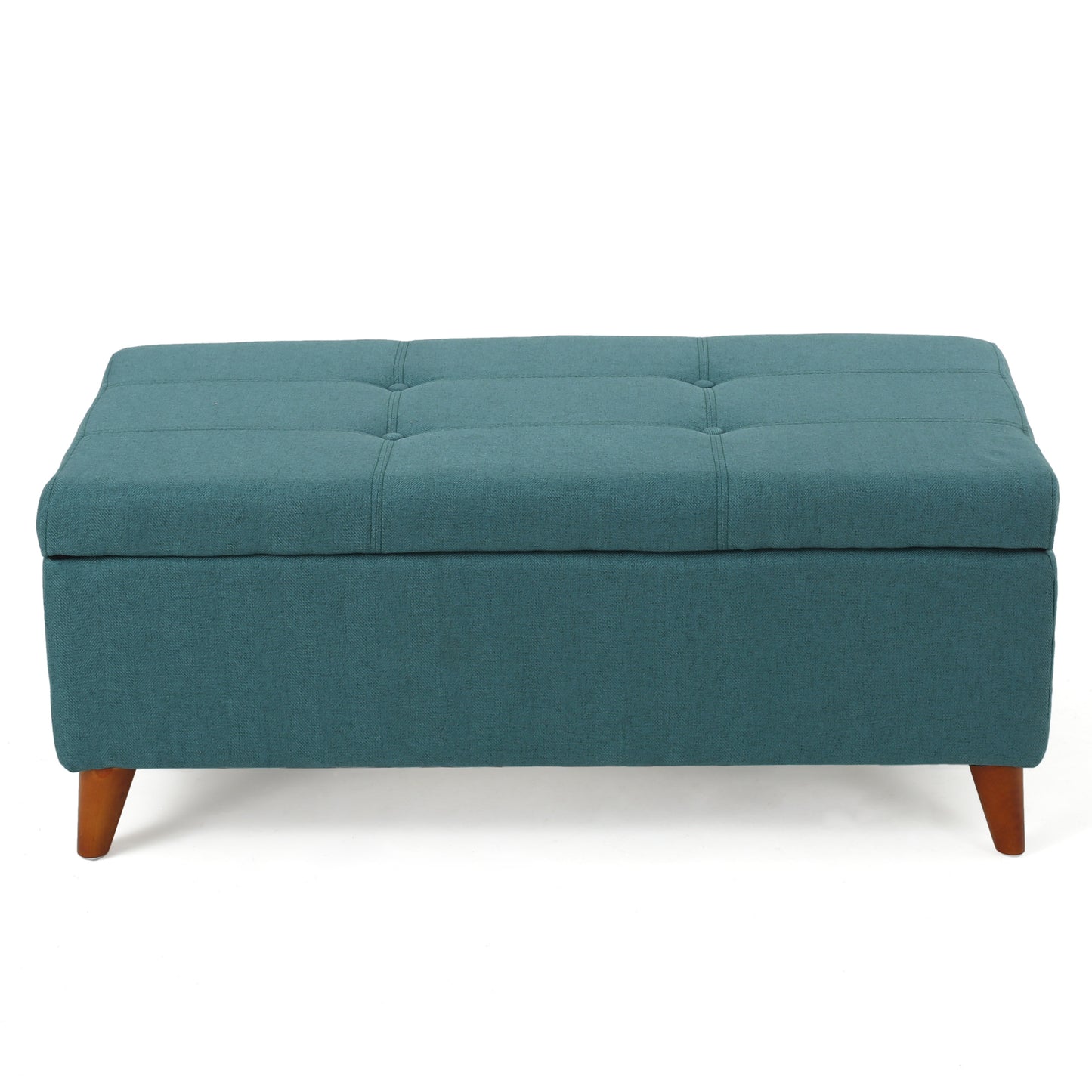 Teal upholstered storage ottoman with tufted lid and wooden legs