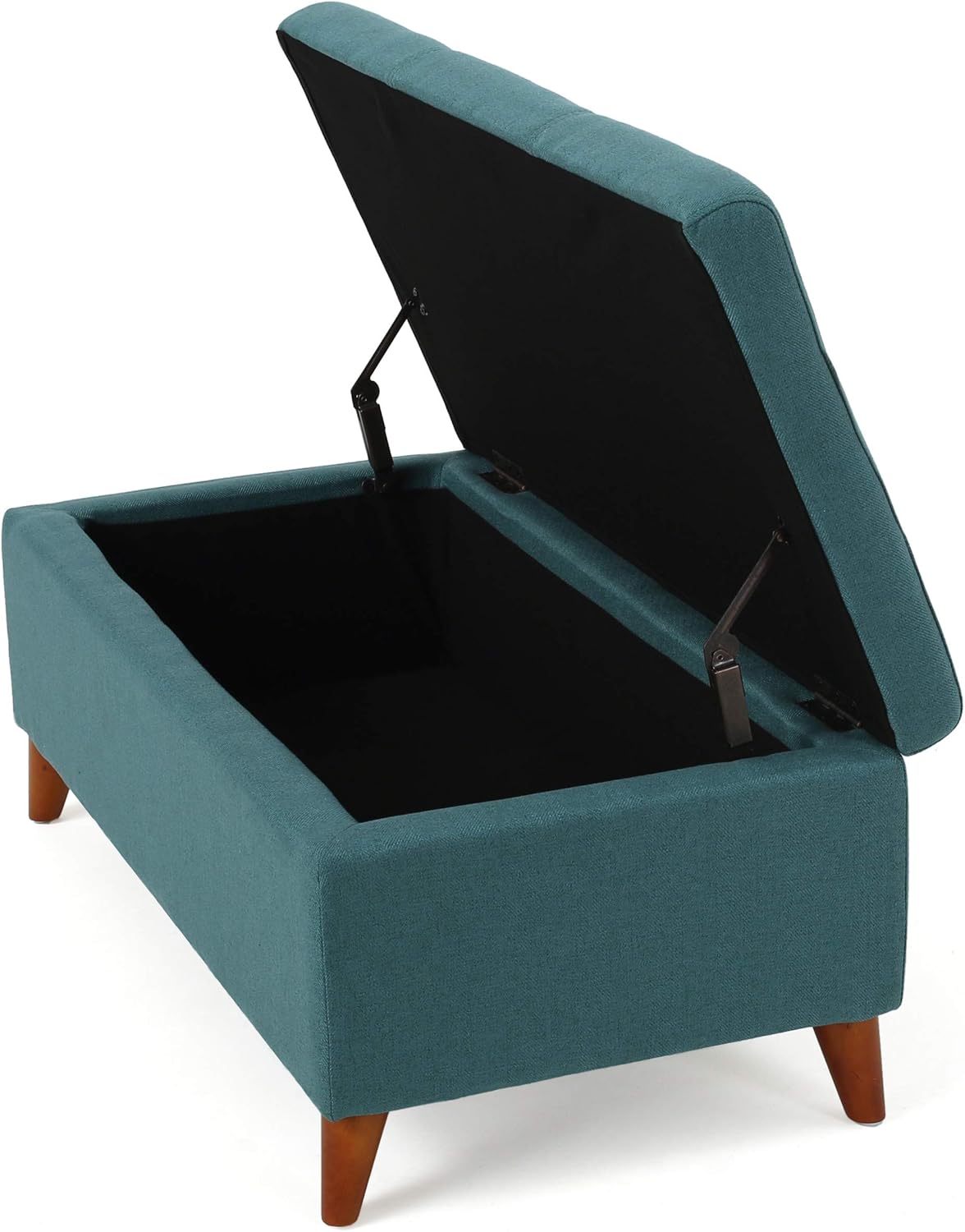 Teal storage ottoman with lifttop lid showcasing hidden compartment for home organization