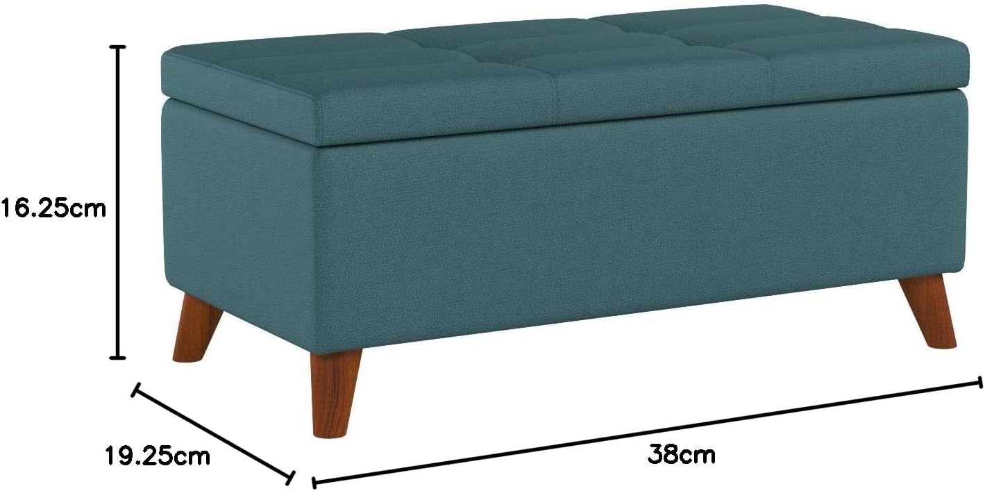 Teal tufted storage ottoman with wooden legs perfect for entryway organization